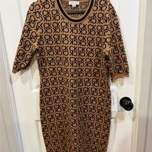 Calvin Klein Brown and Black Patterned Midi Dress